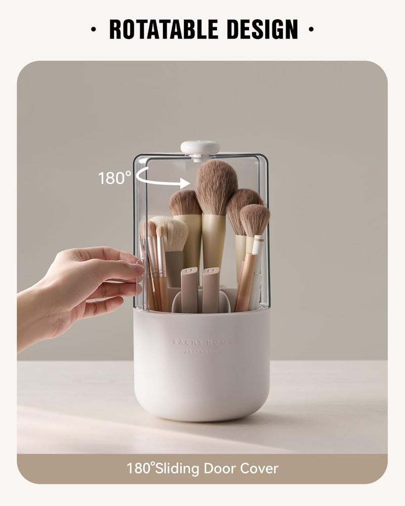 EACHY Makeup Brush Holder 360° Rotating with Dustproof Lid, Waterproof Material, 7 Compartments for Organized Storage, Stylish and Durable Design for Vanity (White) - Image 2